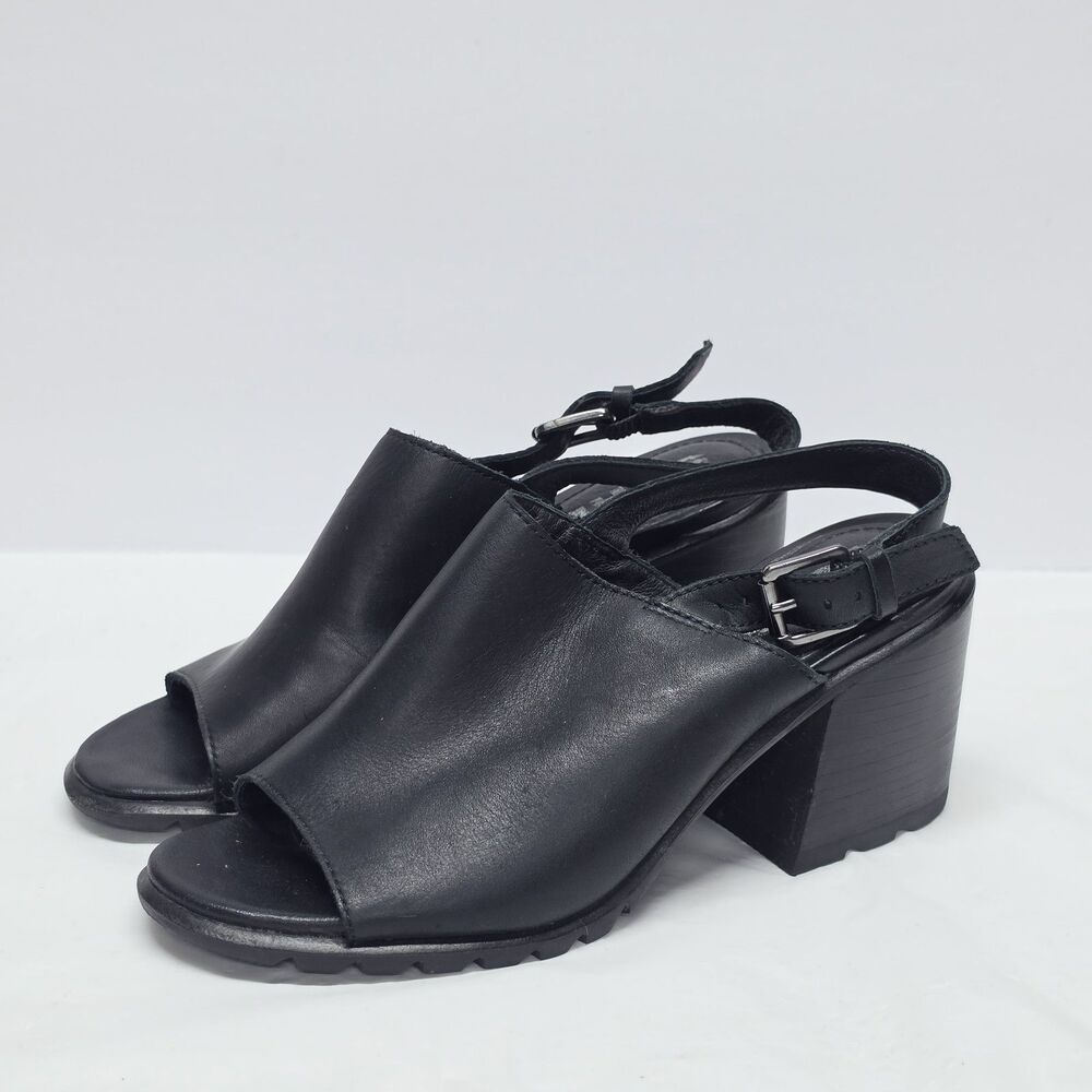 Sorel Nadia Slingback Sandals Black Leather Women’s Size 7 Peep Toe Chunky Heel